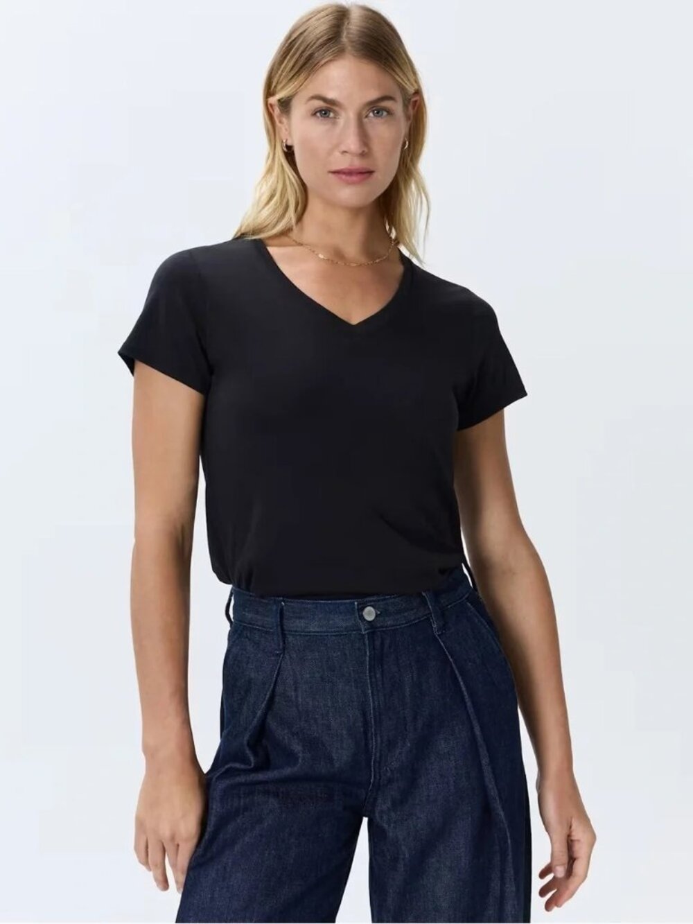 Quince Cotton Modal V-Neck Tee Black Minimal Basic Soft Short Sleeve Size L NWOT